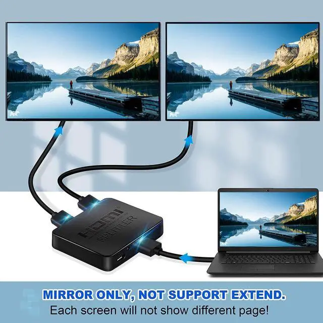 Alt view image 2 of 7 - HDMI Splitter 1 in 2 Out, 4K HDMI Splitter for Dual Monitors Duplicate/Mirror Only, 1x2 HDMI Splitter 1 to 2 Amplifier for Full HD 1080P 3D with HDMI Cable (1 Source onto 2 Displays)