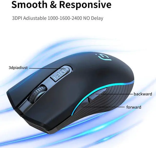 Alt view image 4 of 7 - Silent Click Wireless Mouse for Laptop - Light up Rechargeable USB Cordless Mice for Computer, 3 DPI up to 2400, [Queit] Comfort & Smooth LED RGB Mouse for PC Tablet Chromebook Microsoft Windows Mac