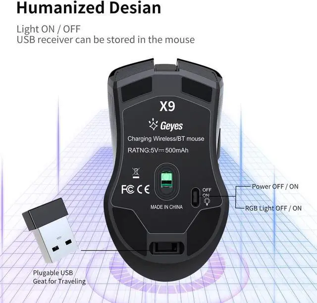 Alt view image 6 of 7 - Silent Click Wireless Mouse for Laptop - Light up Rechargeable USB Cordless Mice for Computer, 3 DPI up to 2400, [Queit] Comfort & Smooth LED RGB Mouse for PC Tablet Chromebook Microsoft Windows Mac