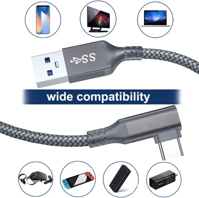 Alt view image 7 of 7 - Link Cable 16ft / 5M Braided USB Type C to A Cord 90 Degree Angled USB 3.2 Gen1 Data Transfer & Fast Charging Cable for Oculus Quest /Quest 2/Rift S and More Devices with USB C Port
