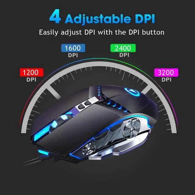 Alt view image 5 of 7 - Gaming Mouse USB Wired Computer Mice with RGB Backlit [Breathing Light], 4 Adjustable DPI Up to 3200, Ergonomic Gamer Mouse with 6 Buttons for Laptop PC Gamer Computer Desktop