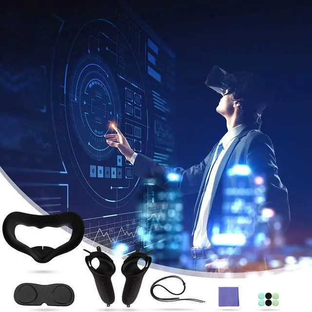 Alt view image 7 of 7 - Touch Controller Grip Cover, Silicone Face Cover, Lens Protect Pad, Thumbstick Cap for Oculus Quest 2 VR Headset Accessories Anti-Throw Handle Protective Sleeve with Adjustable Knuckle Strap