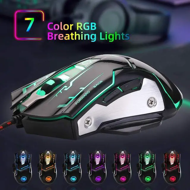 Alt view image 2 of 7 - USB Computer Mouse Wired, Light Up Mouse for Laptop with RGB 7 Colors Breathing Light,4 DPI Adjustable up to 3200, 6 Buttons, Ergonomic Gamer PC Mouse for Windows/Mac/Sega Dreamcast