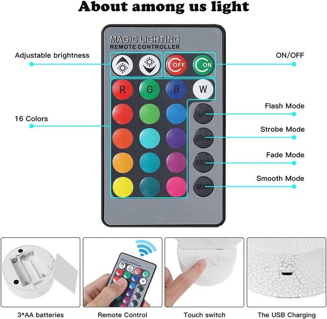Alt view image 7 of 7 - 3D Night Light, LED Light Lamp 7 Changeable Colors with Remote Control USB Charge Touch Switch Festival Gifts for Bedroom Party Home Decor