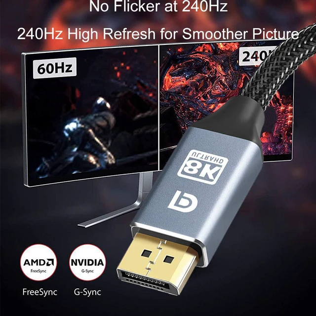 Alt view image 4 of 7 - DisplayPort Cable 1.4, 8K 3.3ft/1M Enthusiast DP to DP Cable Cord (8K @60Hz 7680x4320, 4K @240Hz, 2K @144Hz) HBR3 High Speed Displayport Cable for Laptop, PC, Gaming Monitor, TV Gaming Monitor - Grey