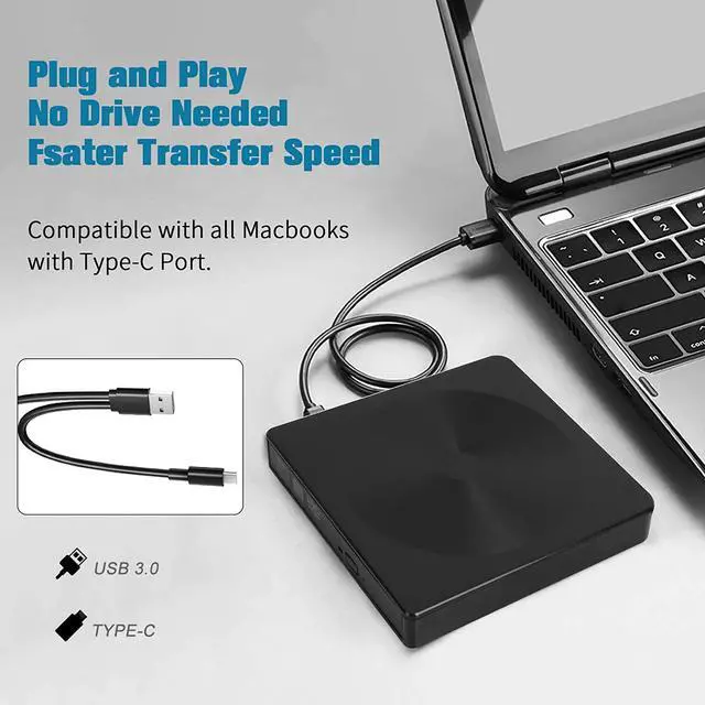 Alt view image 2 of 8 - External CD DVD Drive, with USB 3.0 & Type-C, Portable CD / DVD Drive and Burner for Laptop, Desktop, Mac, MacBook, Compatible with Windows XP / 7/8 / 10 / Vista / Linux / Mac 10 OS- system