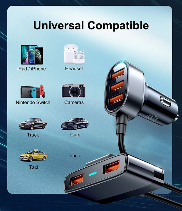 Alt view image 5 of 6 - 5 Multi Ports Car Charger, Car Charger Adapter, 31W Fast USB Car Charger for Smart Phone, 5V 6.2A Fast Car Charger with 5FT Cable for Back Seat Charging
