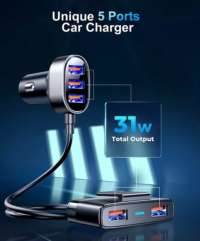 Alt view image 3 of 6 - 5 Multi Ports Car Charger, Car Charger Adapter, 31W Fast USB Car Charger for Smart Phone, 5V 6.2A Fast Car Charger with 5FT Cable for Back Seat Charging