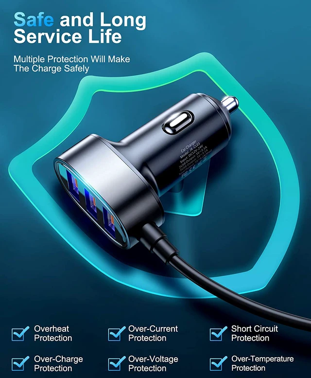 Alt view image 6 of 6 - 5 Multi Ports Car Charger, Car Charger Adapter, 31W Fast USB Car Charger for Smart Phone, 5V 6.2A Fast Car Charger with 5FT Cable for Back Seat Charging