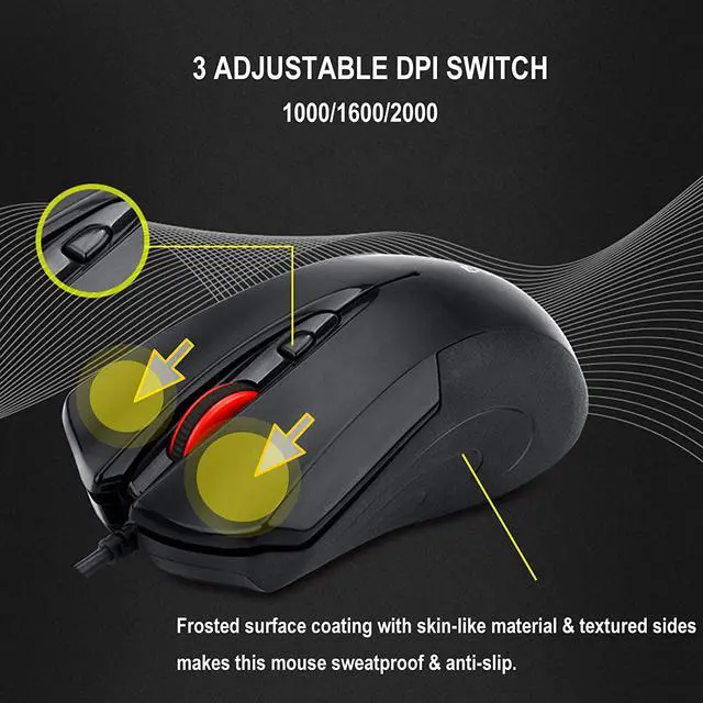 Alt view image 6 of 7 - USB Wired Gaming Mice Adjustable 2000 DPI Optical Sensor Ergonomic Design Mice Mice for PC, Laptop, MacBook Windows 7/8/10/XP Vista Linux, Mouse Weight 100g - Classic Black