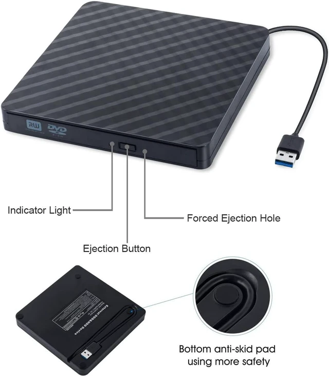 Alt view image 3 of 7 - 2021 Upgraded External CD DVD Drive, USB 3.0 Cord Portable CD/DVD+/-RW Drive/DVD Player for Laptop CD ROM Burner Compatible with Laptop Desktop PC Windows Linux Mac OS (Black)