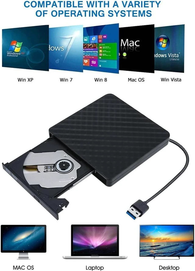 Alt view image 7 of 7 - 2021 Upgraded External CD DVD Drive, USB 3.0 Cord Portable CD/DVD+/-RW Drive/DVD Player for Laptop CD ROM Burner Compatible with Laptop Desktop PC Windows Linux Mac OS (Black)