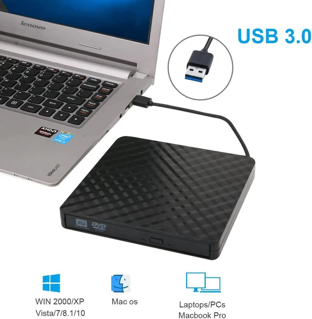 Alt view image 6 of 7 - 2021 Upgraded External CD DVD Drive, USB 3.0 Cord Portable CD/DVD+/-RW Drive/DVD Player for Laptop CD ROM Burner Compatible with Laptop Desktop PC Windows Linux Mac OS (Black)