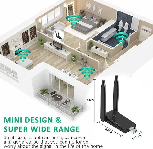 Alt view image 4 of 7 - WLAN Stick USB 3.0 WiFi Adapter PC 1300Mbps WiFi Dongle 2.4GHz/5GHz High Gain Dual Band 5dBi Antenna Wireless Network Adapter for Desktop, Laptop WinXP/7/8/10/Vista/Linux