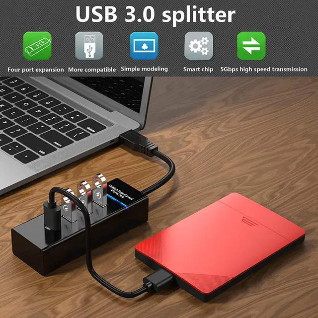 Alt view image 5 of 7 - 4 Port USB3.0 USB Hub Adapter, Portable USB Hub, USB 3.0 Hub Multiport Adapter with LED Indicator for Keyboard &Mouse,Printer,USB Fan&Lamp,Camera,Flash Drives, Mobile Hard Disk, and More (Black)