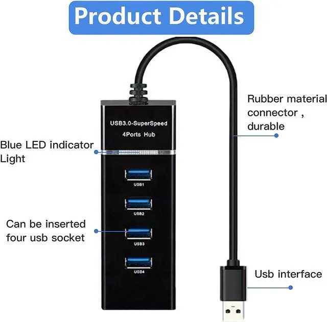 Alt view image 3 of 7 - 4 Port USB3.0 USB Hub Adapter, Portable USB Hub, USB 3.0 Hub Multiport Adapter with LED Indicator for Keyboard &Mouse,Printer,USB Fan&Lamp,Camera,Flash Drives, Mobile Hard Disk, and More (Black)