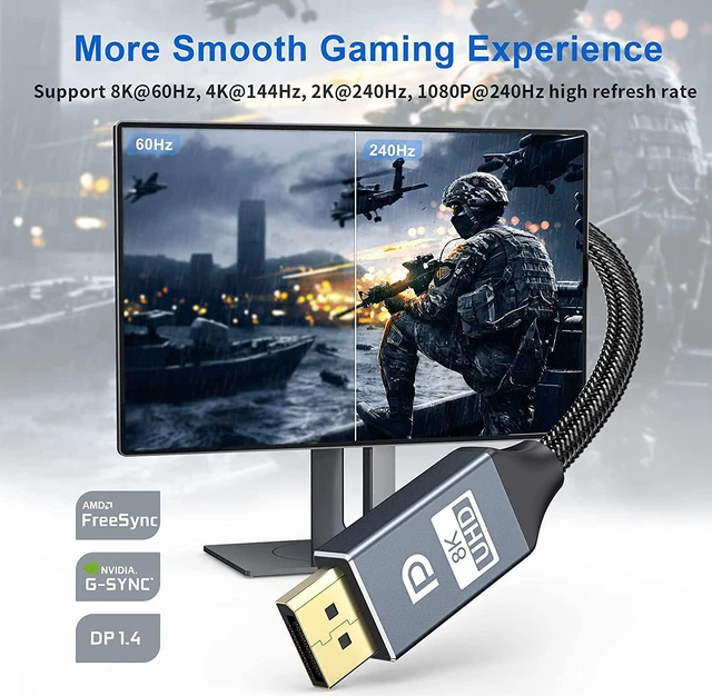 Alt view image 2 of 7 - 8K DisplayPort Cable 1.4 6.6ft / 2M DP Cable 1.4 8K @60Hz 4K @144Hz 1080P @240Hz VESA Certified HBR3 32.4Gbps HDCP 2.2 HDR DSC 1.2 Nylon Braided DisplayPort to DisplayPort Cord for Gaming Monitor PC