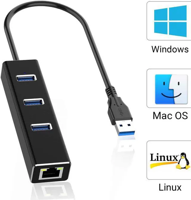 Alt view image 7 of 7 - USB to Ethernet Adapter, USB A to 3 Ports USB 3.0 Hub with 10/100/1000 Mbps LAN RJ45 Gigabit Network Adapter, Supports Windows 10/8/7, Mac OS, Linux
