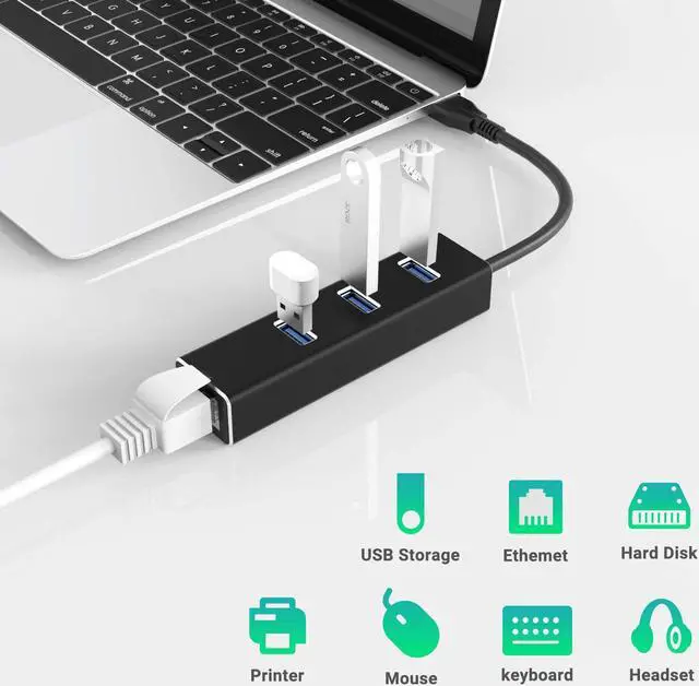Alt view image 3 of 7 - USB to Ethernet Adapter, USB A to 3 Ports USB 3.0 Hub with 10/100/1000 Mbps LAN RJ45 Gigabit Network Adapter, Supports Windows 10/8/7, Mac OS, Linux
