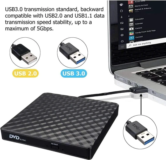 Alt view image 4 of 7 - External CD DVD Drive USB 3.0 Slim Portable CD Reader CD/DVD-RW Burner High Speed Data Transfer Super Drive for Laptop, Desktop, Mac, IOS, Windows 10/8/7 / XP/ Linux/ Vista