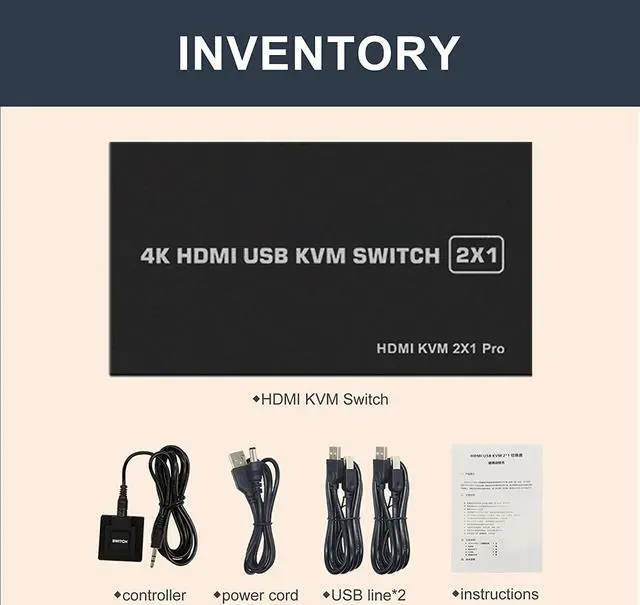 Alt view image 7 of 7 - KVM HDMI USB Switch 2x1, USB Switch 4K HDMI Switcher Box for 2 Computers Share Keyboard Mouse Monitor Support 4K@30Hz for Laptop,PC,Xbox HDTV, with 2x USB Cable,1x Switch Button Cable