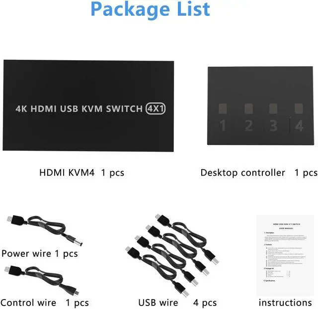Alt view image 7 of 7 - KVM Switch HDMI 4 Port Box, 4 in 1 Out KVM Switch 4 Computers Share Keyboard Mouse Printer Monitor Support HUD 4K @60Hz for Laptop,PC,Xbox HDTV, with 4* USB Cable,1* Switch Button&Cable,1* Power Cable