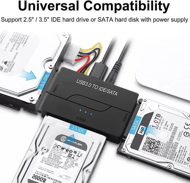 Alt view image 2 of 7 - SATA/IDE to USB 3.0 Adapter, External Hard Drive Reader for Universal 2.5 3.5-inch IDE and SATA HDD SSD, 5.25" CD/DVD Drives, Hard Drive Adapter with Power Supply Support 6TB with 12V 2A Power Adapter
