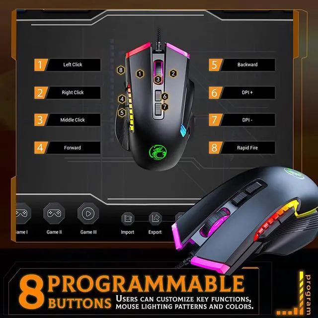 Alt view image 4 of 7 - RGB Gaming Mouse Wired, 8 Programmable Buttons Computer Mouse, 6 Adjustable DPI [1200/1600/2400/3200/4800/7200 dpi], Ergonomic Mouse with 13 Backlight Modes Gaming Mice for Windows 7/8/10/XP Linux