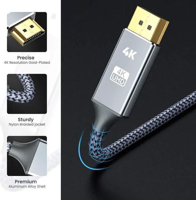 Alt view image 3 of 7 - DisplayPort to HDMI Cable 6ft/1.8M, 4K DP to HDMI Cable [Gold-Plated Plug, Aluminium Shell] Nylon Braided Uni-Direction Display Port to HDMI Lead, Compatible with Lenovo, HP, DELL, AMD, NVIDIA