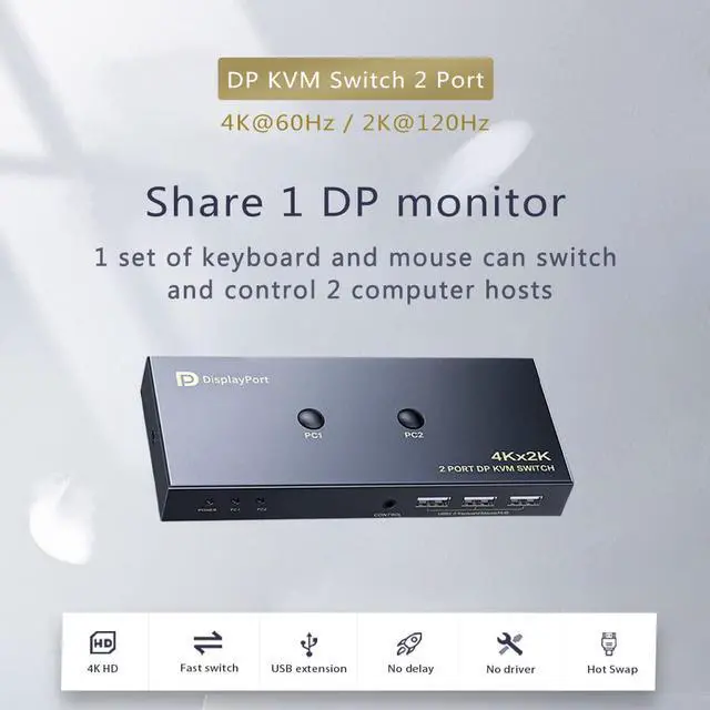 Alt view image 2 of 7 - DisplayPort KVM Switch 2 Port, KVM Switch DisplayPort for 2 Computers Sharing 1 Monitor and 3 USB Devices, Support 4K @60Hz, 2K(2560X1440) @120Hz, with Extended Control Switch and 2 USB Cables