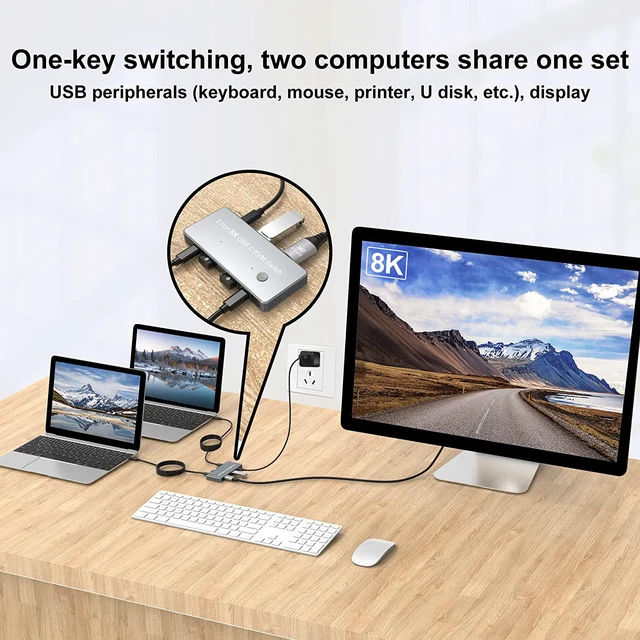 Alt view image 4 of 7 - USB C Type-C KVM Switch, 8K USB C KVM Switches 2 Ports USB Type-C for 2 Computers Share One 8K @60Hz HD Monitor, Switch Selector with 3 USB Supported Wireless Devices Keyboard Mouse Printer Scanner