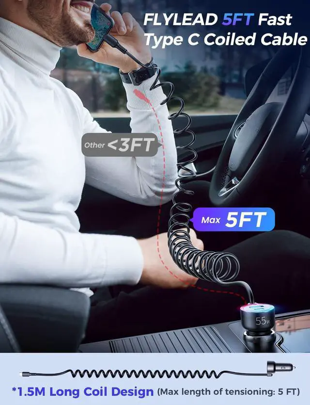 Alt view image 3 of 7 - USB C Car Charger, 55W 3-Port Super Fast Car Charger PD3.0 & Quick Charge 3.0 with 5ft 30W Super Fast Type C Coiled Cable for Samsung Galaxy S22/21/Google Pixel/Moto G/iPhone/Android, iPad Pro
