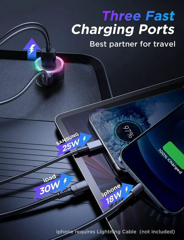 Alt view image 4 of 7 - USB C Car Charger, 55W 3-Port Super Fast Car Charger PD3.0 & Quick Charge 3.0 with 5ft 30W Super Fast Type C Coiled Cable for Samsung Galaxy S22/21/Google Pixel/Moto G/iPhone/Android, iPad Pro