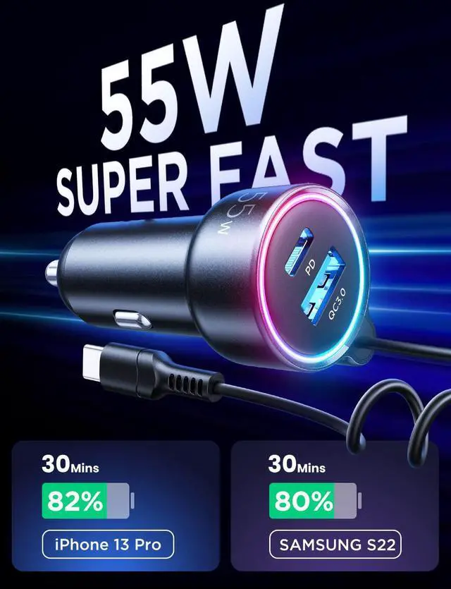 Alt view image 2 of 7 - USB C Car Charger, 55W 3-Port Super Fast Car Charger PD3.0 & Quick Charge 3.0 with 5ft 30W Super Fast Type C Coiled Cable for Samsung Galaxy S22/21/Google Pixel/Moto G/iPhone/Android, iPad Pro