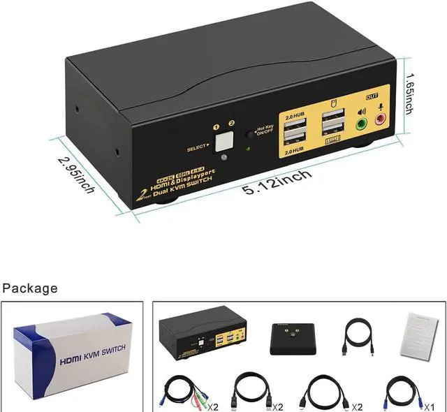 Alt view image 7 of 7 - 4Kx2K @60Hz 2 Port HDMI + Displayport Dual Monitor KVM Switch with Audio, HDMI DP KVM Switch with USB 2.0 Hub and Cables Support HDMI 2.0, HDCP 2.2, HDR 10