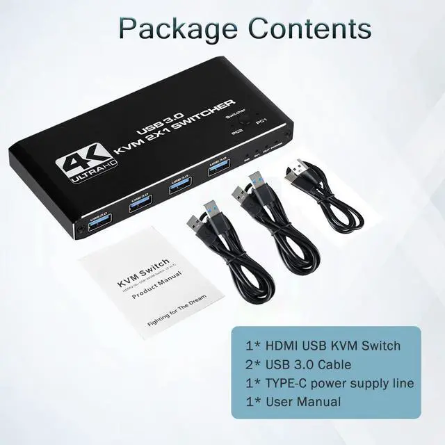 Alt view image 7 of 7 - HDMI KVM Switch 2 Port, 4K@60Hz USB KVM Switch 2x1 HDMI2.0 Ports + 4x USB3.0 Ports, Share 2 Computers to one Monitor, Supports Hotkey Switch, Wireless Keyboard and Mouse, USB Disk, Printer, USB Camera