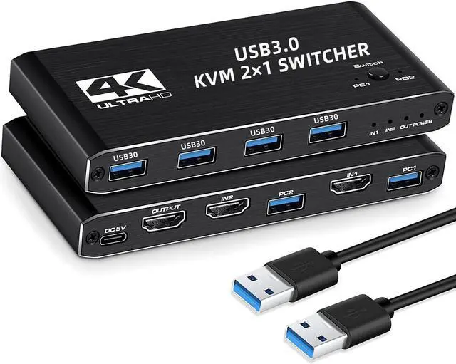 Main image of HDMI KVM Switch 2 Port, 4K@60Hz USB KVM Switch 2x1 HDMI2.0 Ports + 4x USB3.0 Ports, Share 2 Computers to one Monitor, Supports Hotkey Switch, Wireless Keyboard and Mouse, USB Disk, Printer, USB Camera