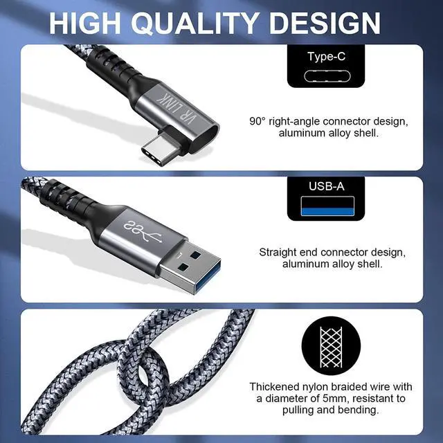 Alt view image 7 of 7 - for Oculus Quest 2 Link Cable 16FT, Quest Link Cable Durable Nylon Braided, VR Headset Cable Type A USB A to USB C High Speed Data Transfer Charging Cord for Gaming PC and USB C 3.2 Gen1 Cable