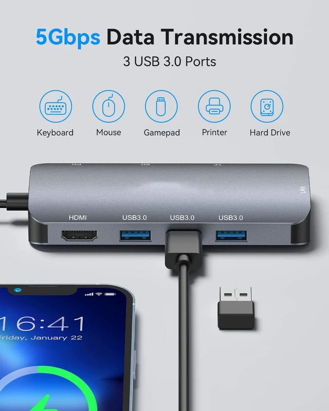 Alt view image 3 of 7 - USB C Hub, 8 in 1 USB C to HDMI Multiport Adapter with RJ45 1000M Ethernet, 100W Power Delivery, SD/TF Card Reader, 3 USB 3.0 Ports Docking Station Compatible for Mac-Book Pro/Air/iPad Pro/XPS