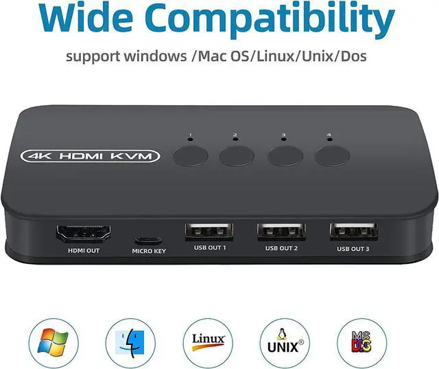Alt view image 6 of 6 - 4 Ports HDMI KVM Switch, HDMI USB Selector for 4 Computers Share Keyboard Mouse Printer and One HD 4K@30Hz Monitor, Including 4 KVM Cables