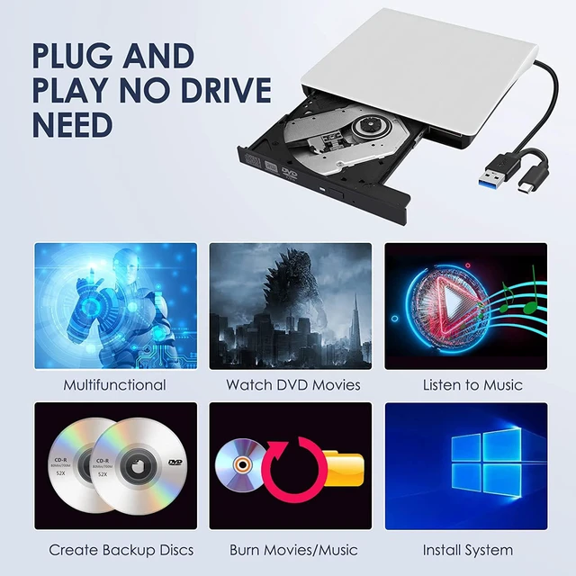 Alt view image 2 of 6 - External CD/DVD Drive for Laptop Desktop PC, Type-C CD/DVD Player USB 3.0 Portable External CD DVD Burner Writer Reader Compatible with Mac Mac-Book Pro/Air Desktop Windows 7/8/10/XP/Vista (White)