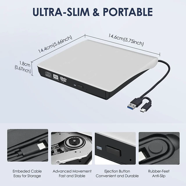 Alt view image 6 of 6 - External CD/DVD Drive for Laptop Desktop PC, Type-C CD/DVD Player USB 3.0 Portable External CD DVD Burner Writer Reader Compatible with Mac Mac-Book Pro/Air Desktop Windows 7/8/10/XP/Vista (White)