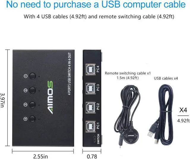 Alt view image 4 of 7 - USB Switch Selector 4 Port, USB KVM Switcher 4 Computers Sharing 4 USB Devices One-Button Swapping, for Share Mouse, Keyboard, Printer, Scanner, with 4 USB Cables