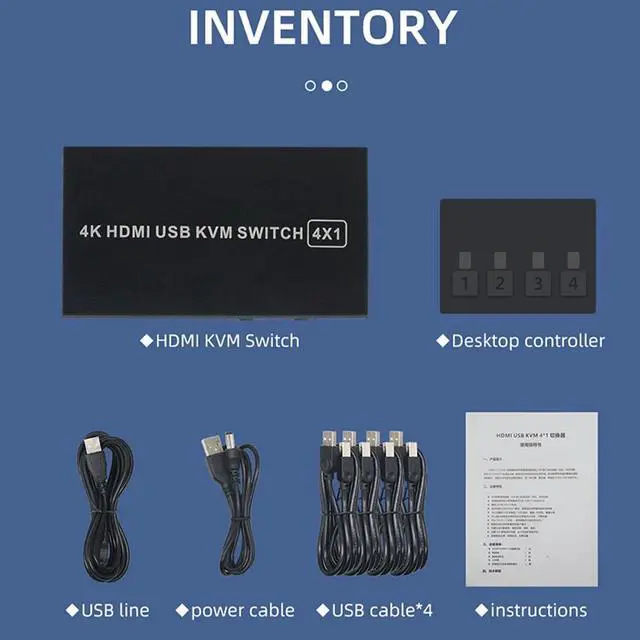 Alt view image 6 of 7 - 4x1 HDMI KVM Switch 4 Port, 4K @60Hz HDMI USB KVM HDMI Switch Share 4 Computers with One Monitor One-Button Swapping, 4 in 1 Out KVM Switcher for Mouse Keyboard Printer with 4 USB Cables 1 Power Cable