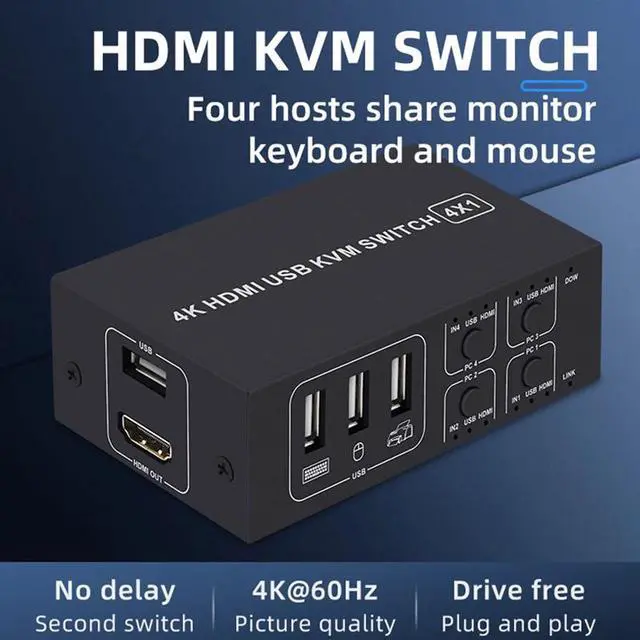 Alt view image 4 of 7 - 4x1 HDMI KVM Switch 4 Port, 4K @60Hz HDMI USB KVM HDMI Switch Share 4 Computers with One Monitor One-Button Swapping, 4 in 1 Out KVM Switcher for Mouse Keyboard Printer with 4 USB Cables 1 Power Cable