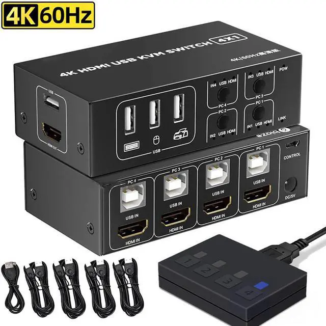 Main image of 4x1 HDMI KVM Switch 4 Port, 4K @60Hz HDMI USB KVM HDMI Switch Share 4 Computers with One Monitor One-Button Swapping, 4 in 1 Out KVM Switcher for Mouse Keyboard Printer with 4 USB Cables 1 Power Cable