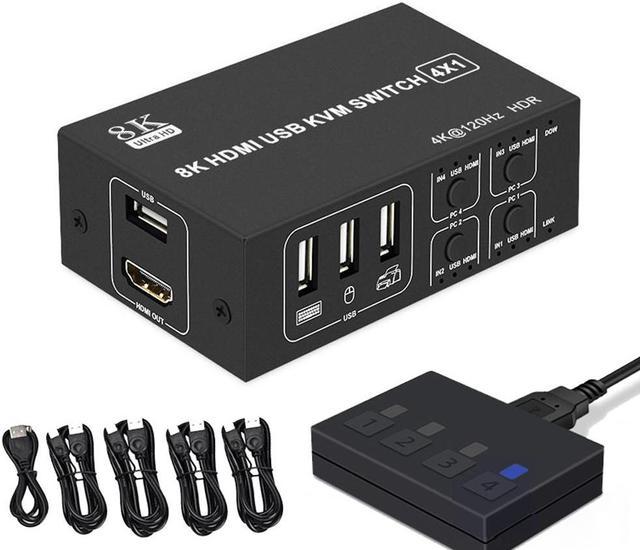 4x1 HDMI KVM Switch 4 Port, 8K @60Hz 4K@120Hz HDMI USB KVM HDMI Switch  Share 4 Computers with One Monitor One-Button Swapping, 4 in 1 Out KVM  Switcher