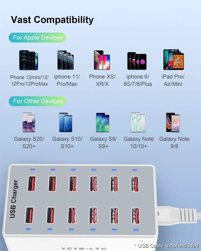 Alt view image 6 of 7 - USB Charger 12-Ports USB Charging Station for Multiple Devices USB Wall Charger Power Hub Strip Smart Plug Charging Dock Block for iPhone Xs/XR,iPad,iPod,Galaxy S9/S8,Laptop and More