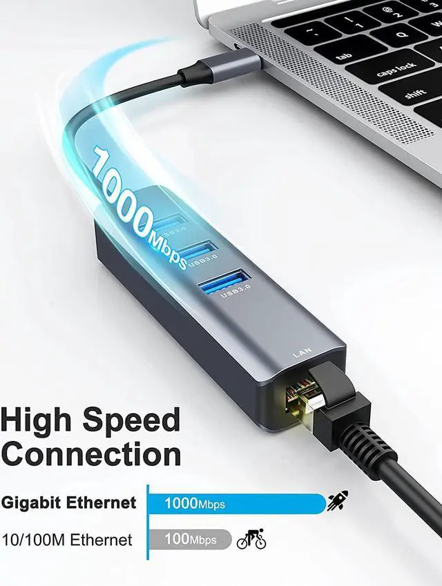 Alt view image 2 of 7 - USB C to 3 x USB 3.0 Hub with Ethernet Adapter, 4-in-1 10/100/1000Mbps Ethernet RJ45 to USB-C/Thunderbolt 3 to Gigabit Ethernet LAN Network Adapter for Mac Chromebook, XPS, Surface Book 3/2/Go etc.