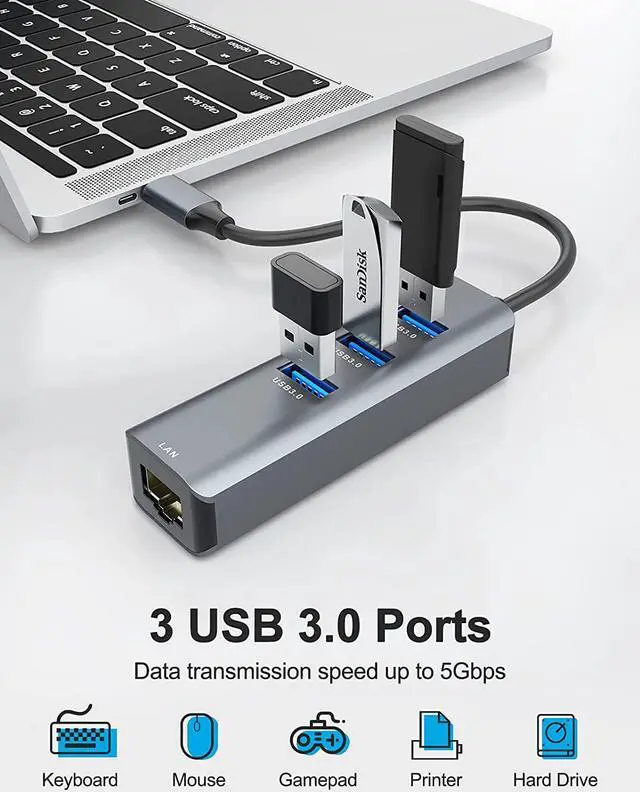 Alt view image 3 of 7 - USB C to 3 x USB 3.0 Hub with Ethernet Adapter, 4-in-1 10/100/1000Mbps Ethernet RJ45 to USB-C/Thunderbolt 3 to Gigabit Ethernet LAN Network Adapter for Mac Chromebook, XPS, Surface Book 3/2/Go etc.